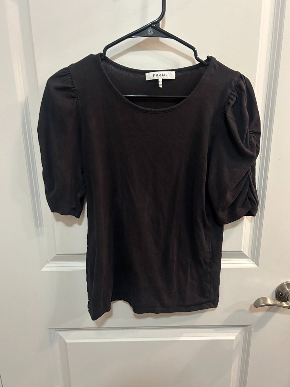 FRAME Black Puff Sleeve Top Small 100% Cotton Short Sleeve Blouse Minimalist